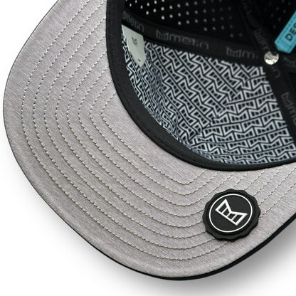 The underside of a Melin brand hat with the thumbprint undervisor seal.