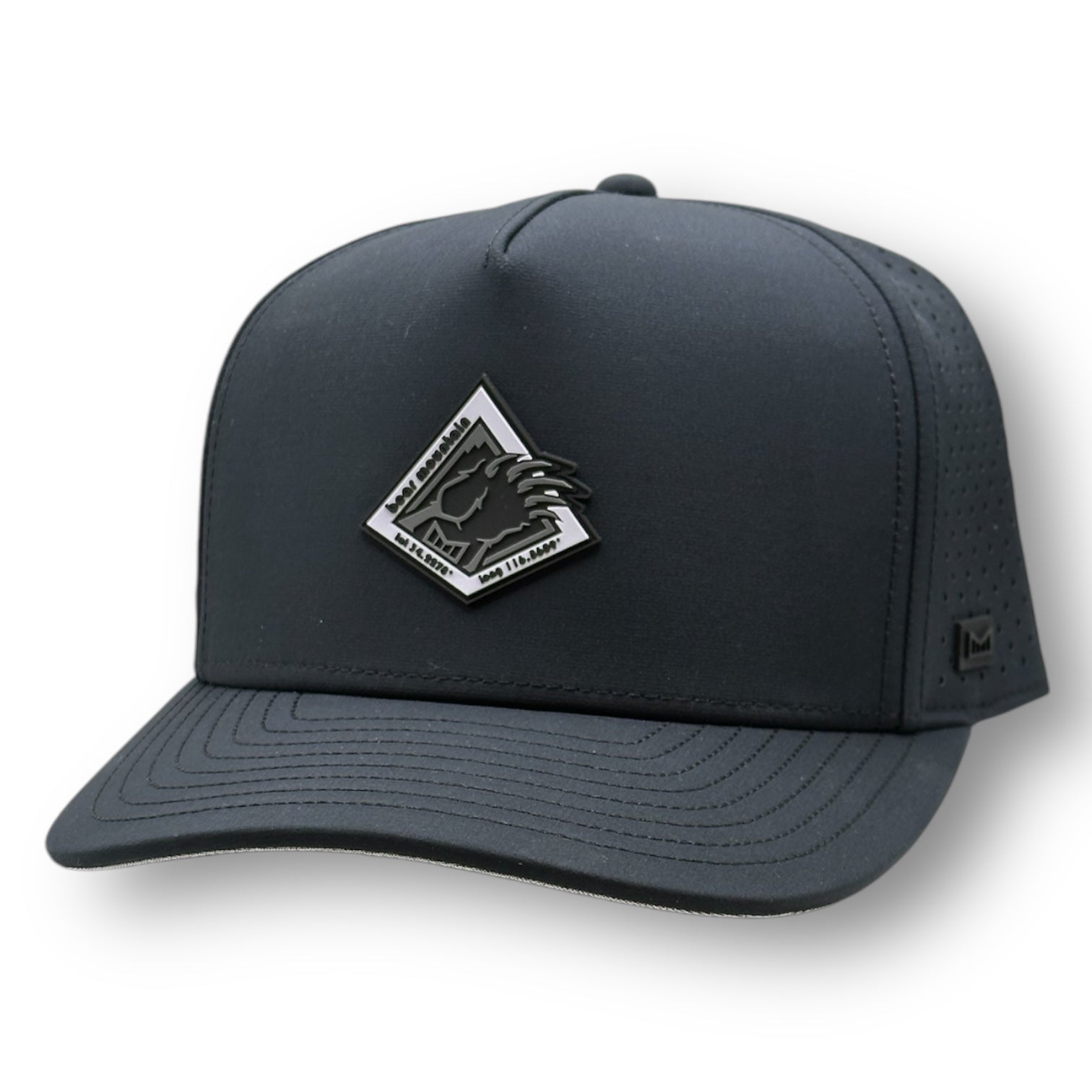 A dark black Melin brand hat with a Bear Mountain claw logo.