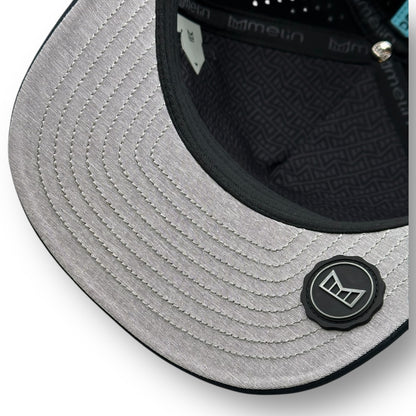The underside of a Melin brand hat with the thumbprint undervisor seal.