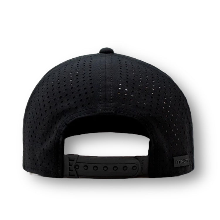 Backside of black Melin snapback hat with perforated material. 
