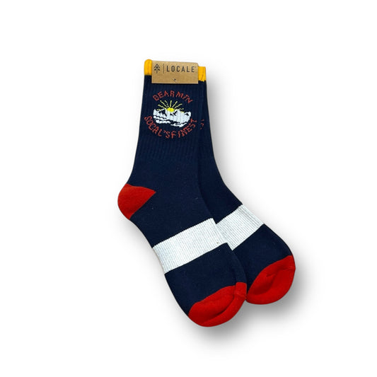 Red, white, & blue Locale Bear Mountain sock with mountain and sun design.