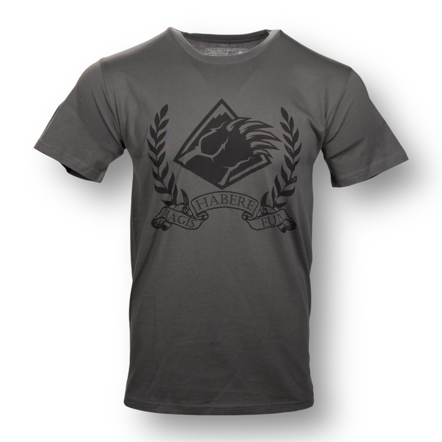 Gray t-shirt with black Bear Mountain claw logo graphic design and the words 'Magis Habere Fun'