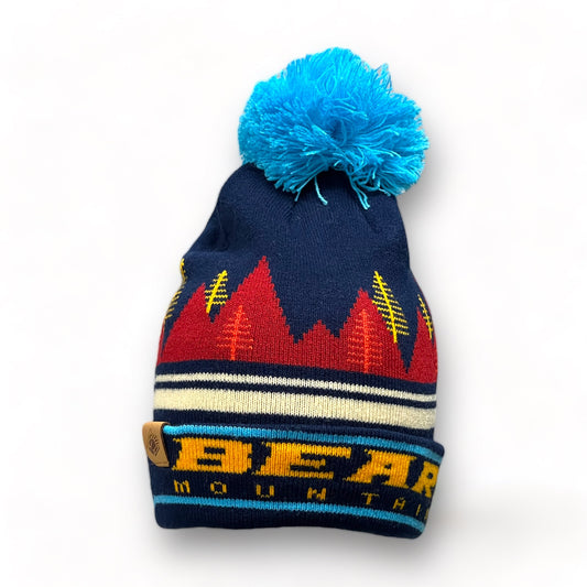 Dark Blue Beanie w/ light blue pom.  Tree line graphics. Bear Mountain on the left corner. Bear Mountain written out on the bottom in yellow.