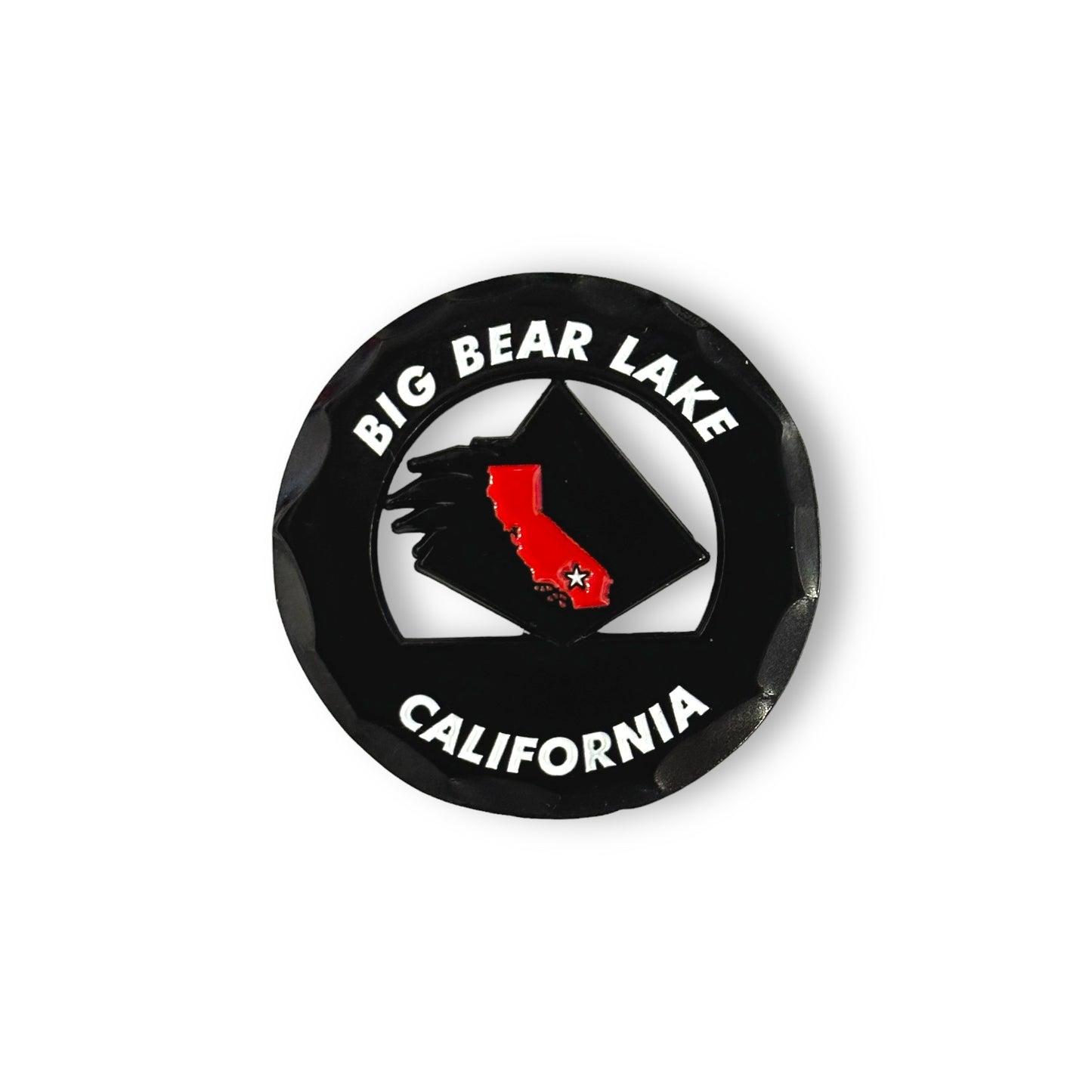 Black circular golf ball marker with the words Big Bear Lake California in white and a red California state logo in red with white star on the location of Big Bear Lake, CA.