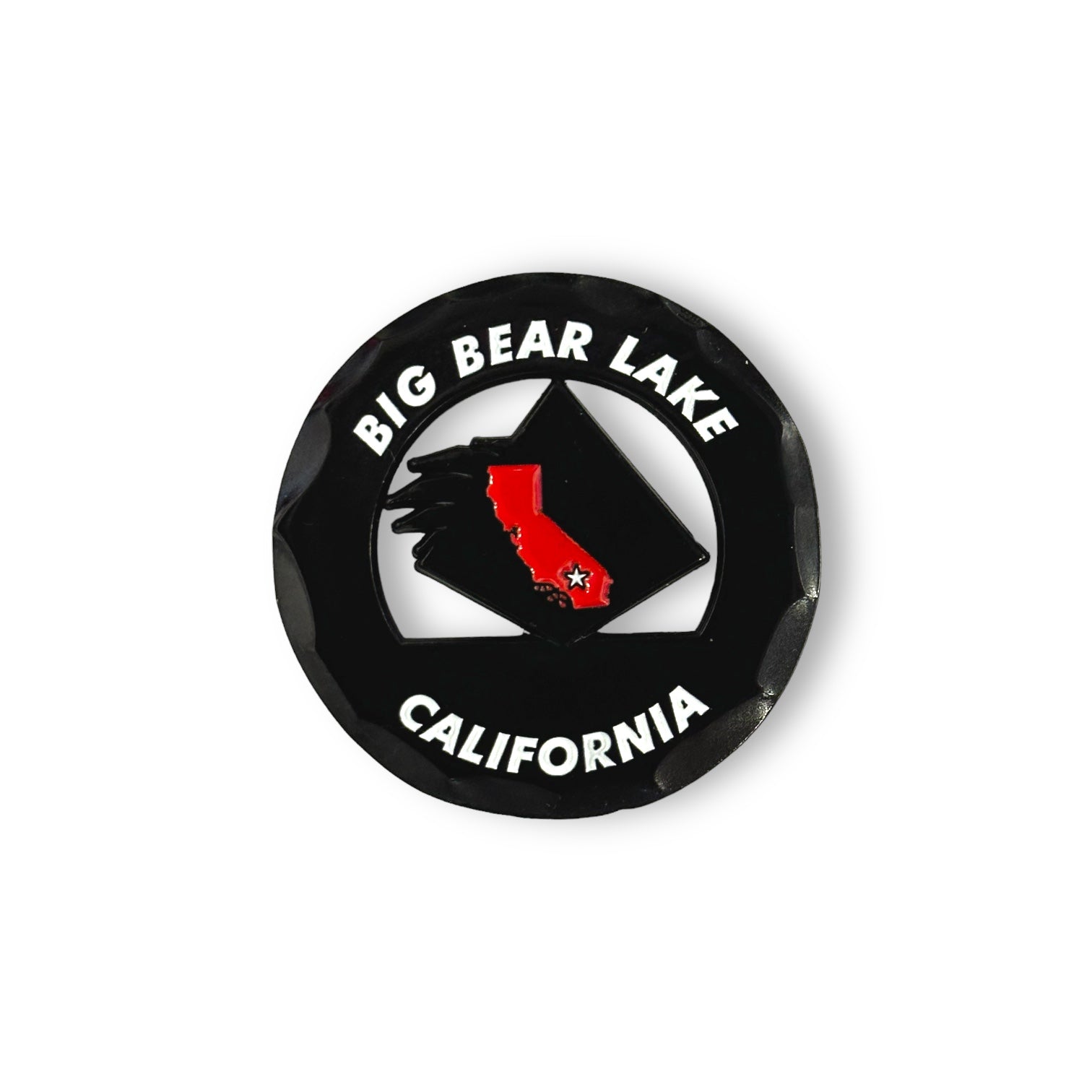 Black circular golf ball marker with the words Big Bear Lake California in white and a red California state logo in red with white star on the location of Big Bear Lake, CA.