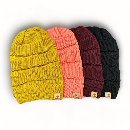 Bear Mountain slouch beanies in colors: rust, coral, burgandy, and black