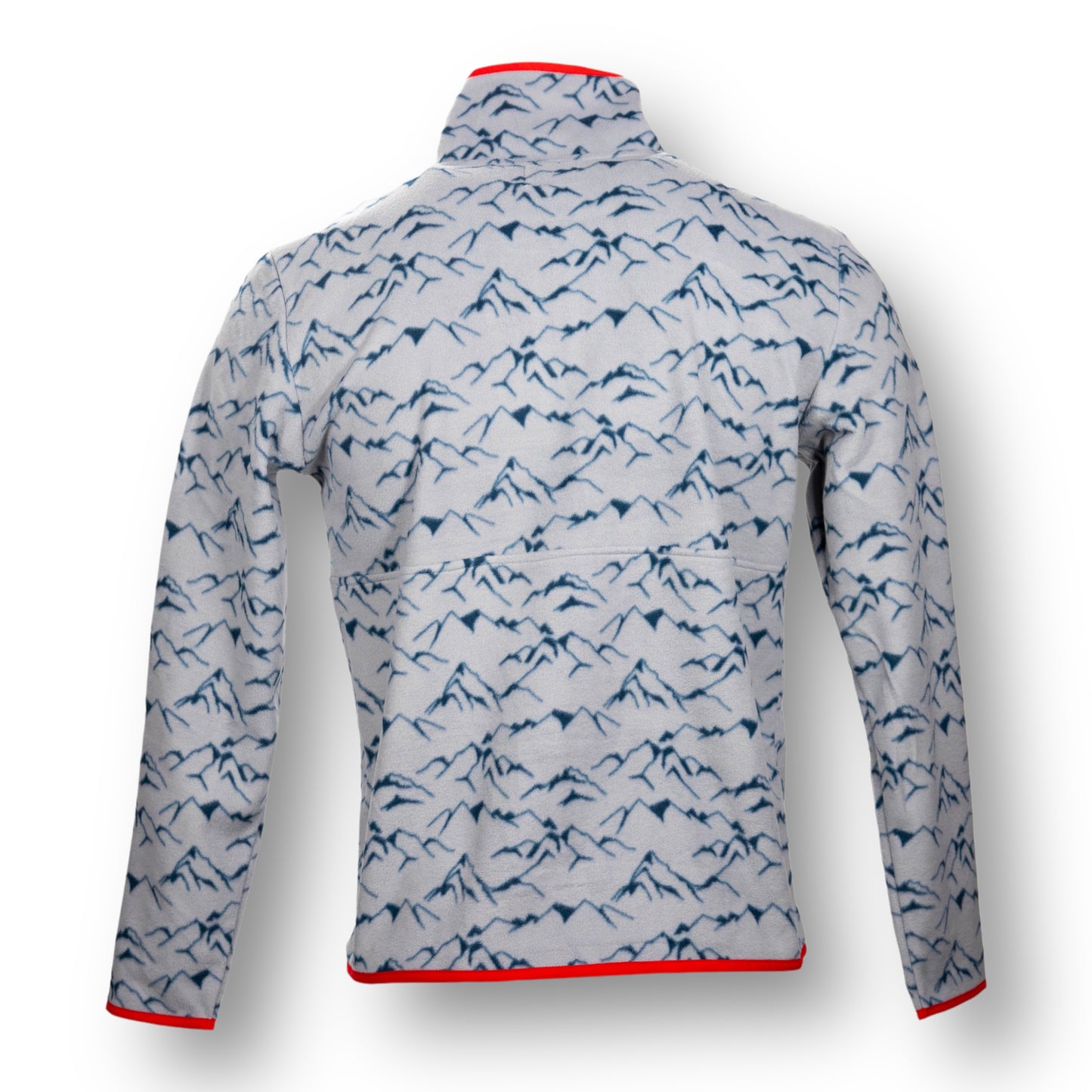 Back of a light gray jacket with blue mountain pattern.