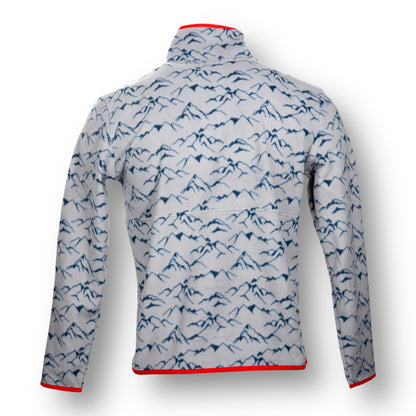 Back of a light gray jacket with blue mountain pattern.