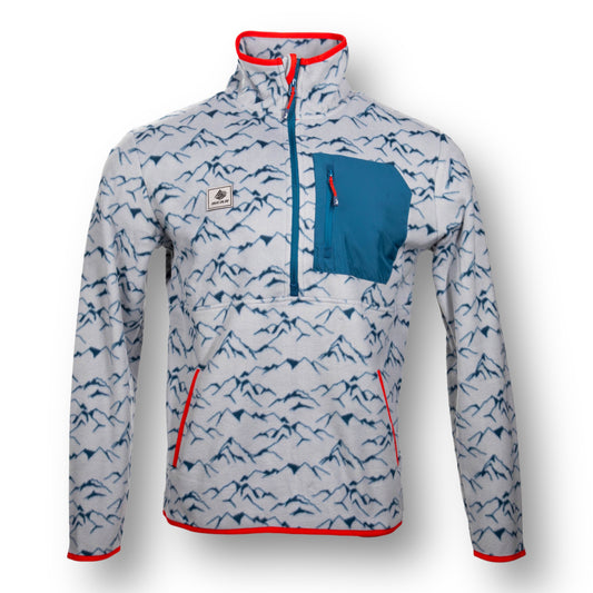 Front of a light gray half zip jacket with blue mountain pattern, red accents, blue chest pocket with zipper, and a Bear Mountain patch.