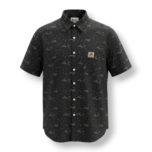 Black short sleeve button up shirt with mountain and moon design with a Bear Mountain clip label on front pocket.