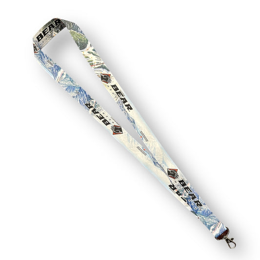 Lanyard with Bear Mountain trail map and logo printed on it