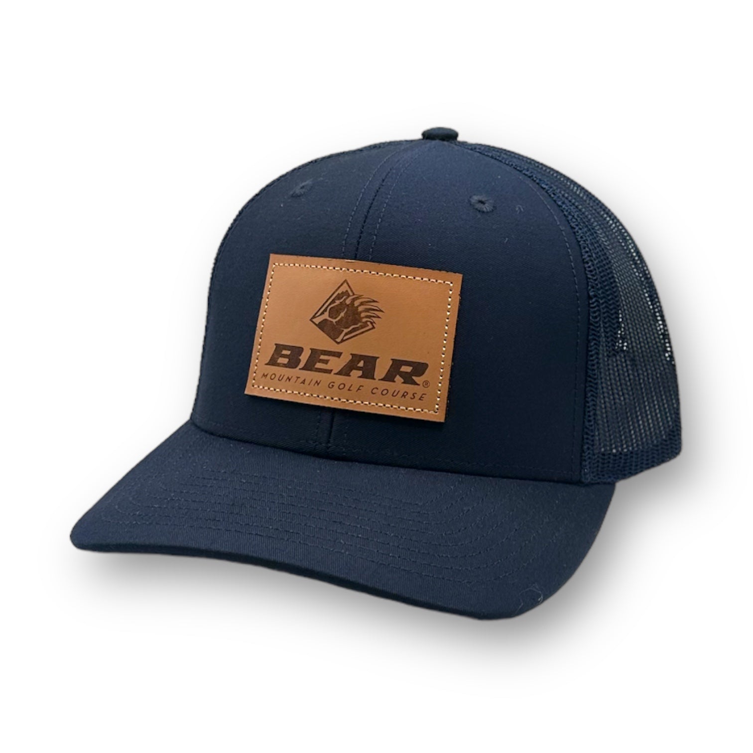 Blue trucker had with bear mountain logo on a leather patch on the front