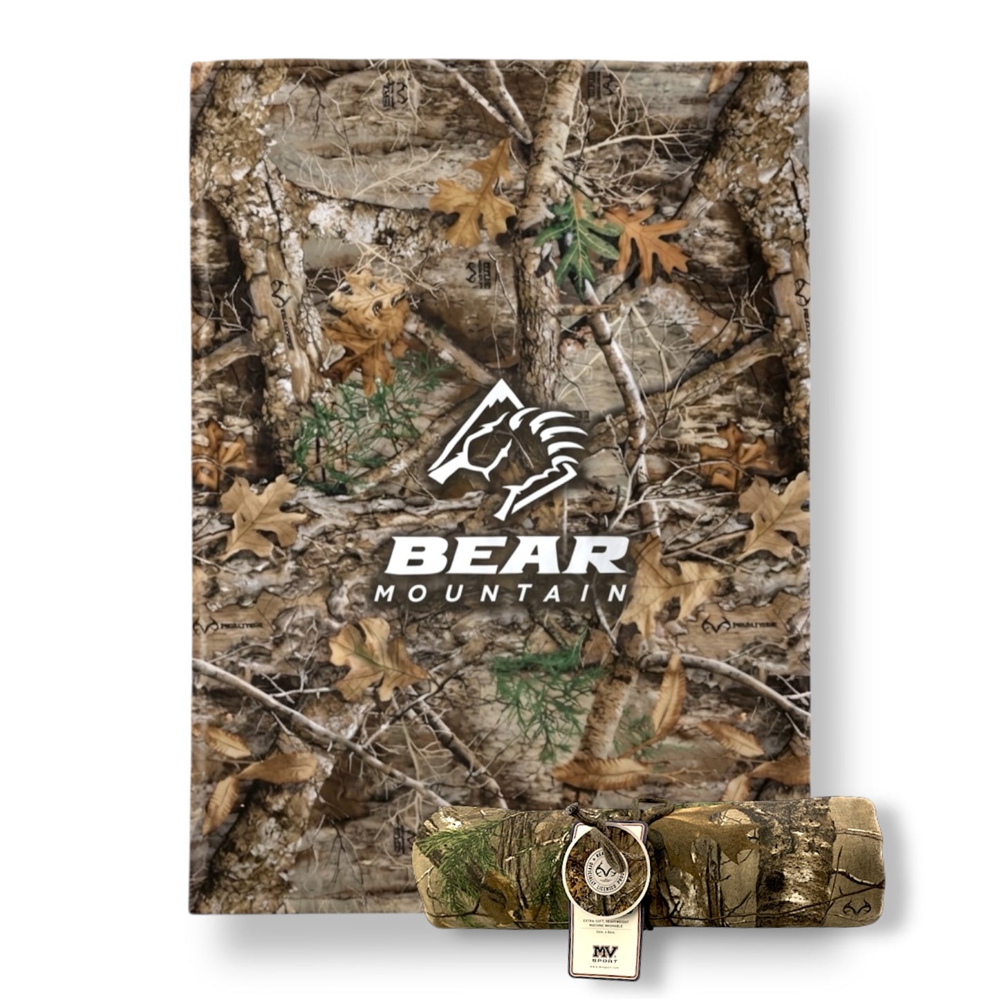Camouflage woods patterned sweatshirt blanket with Bear Mountain logo in white.