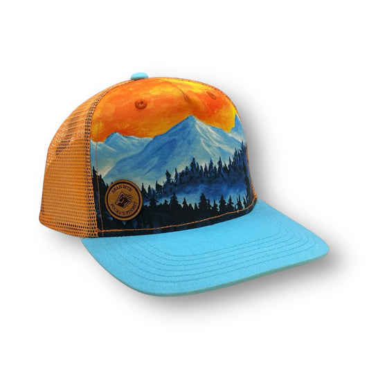 Mountain and Tree photo with light blue bill and a leather Bear Mountain Patch