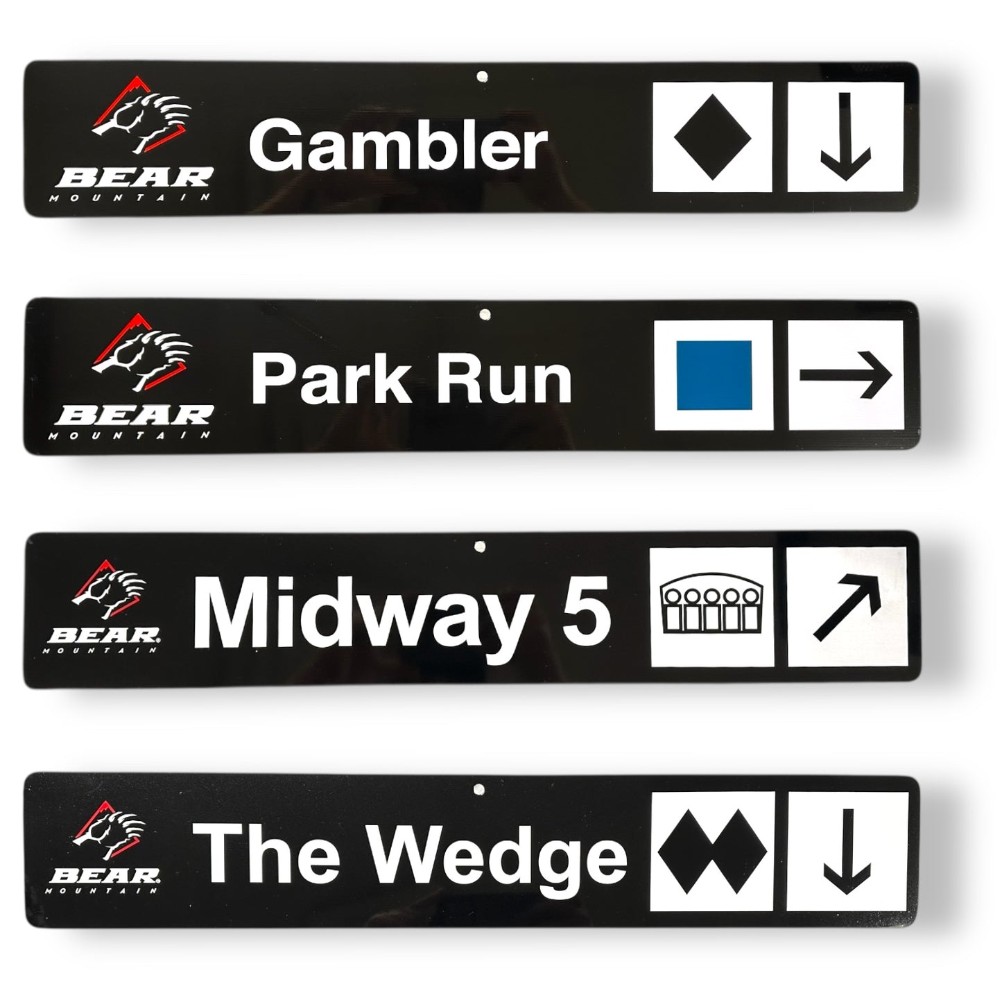 Black trail signs with Bear Mountain runs: Gambler, Park Run, Midway 5, and The Wedge. 