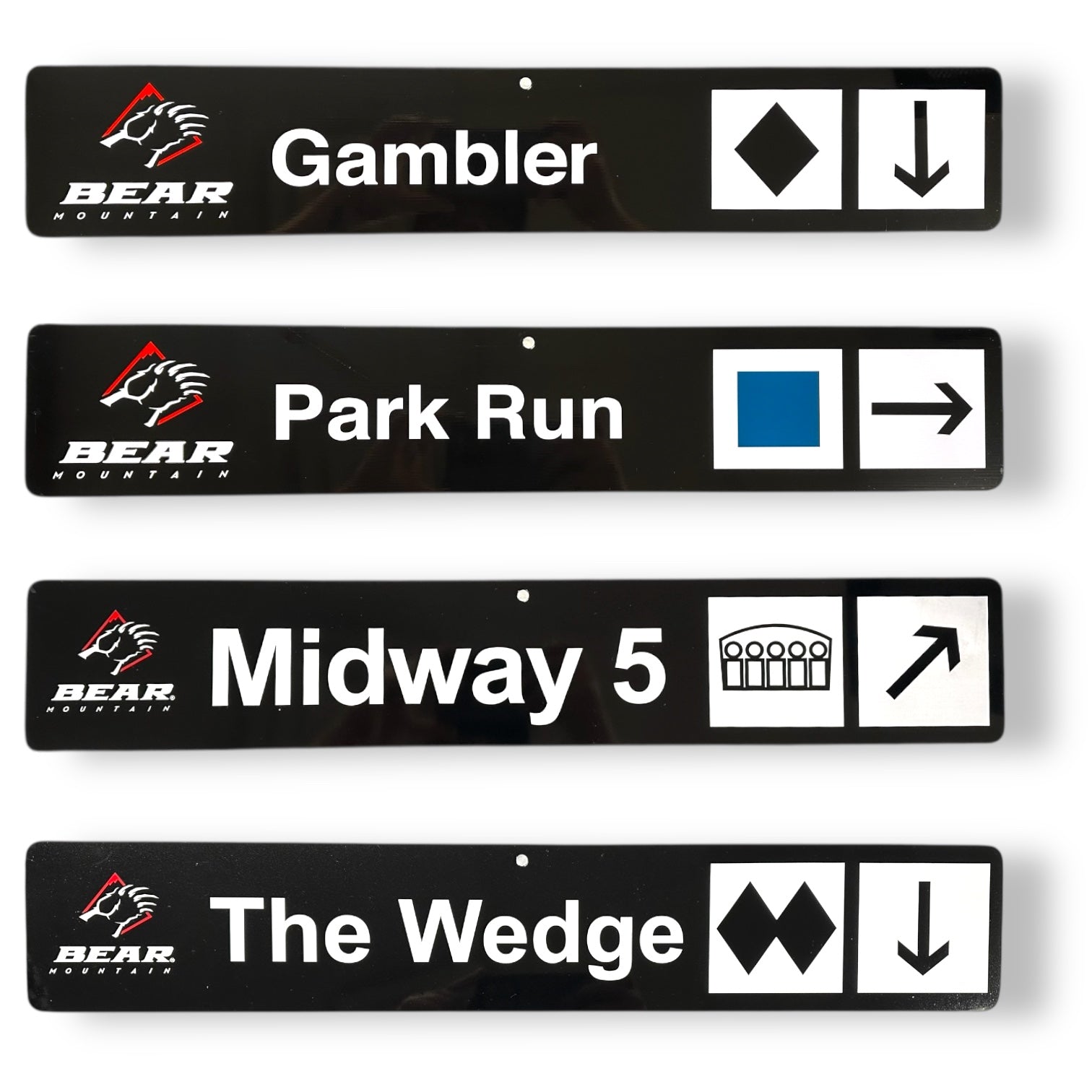 Black trail signs with Bear Mountain runs: Gambler, Park Run, Midway 5, and The Wedge. 