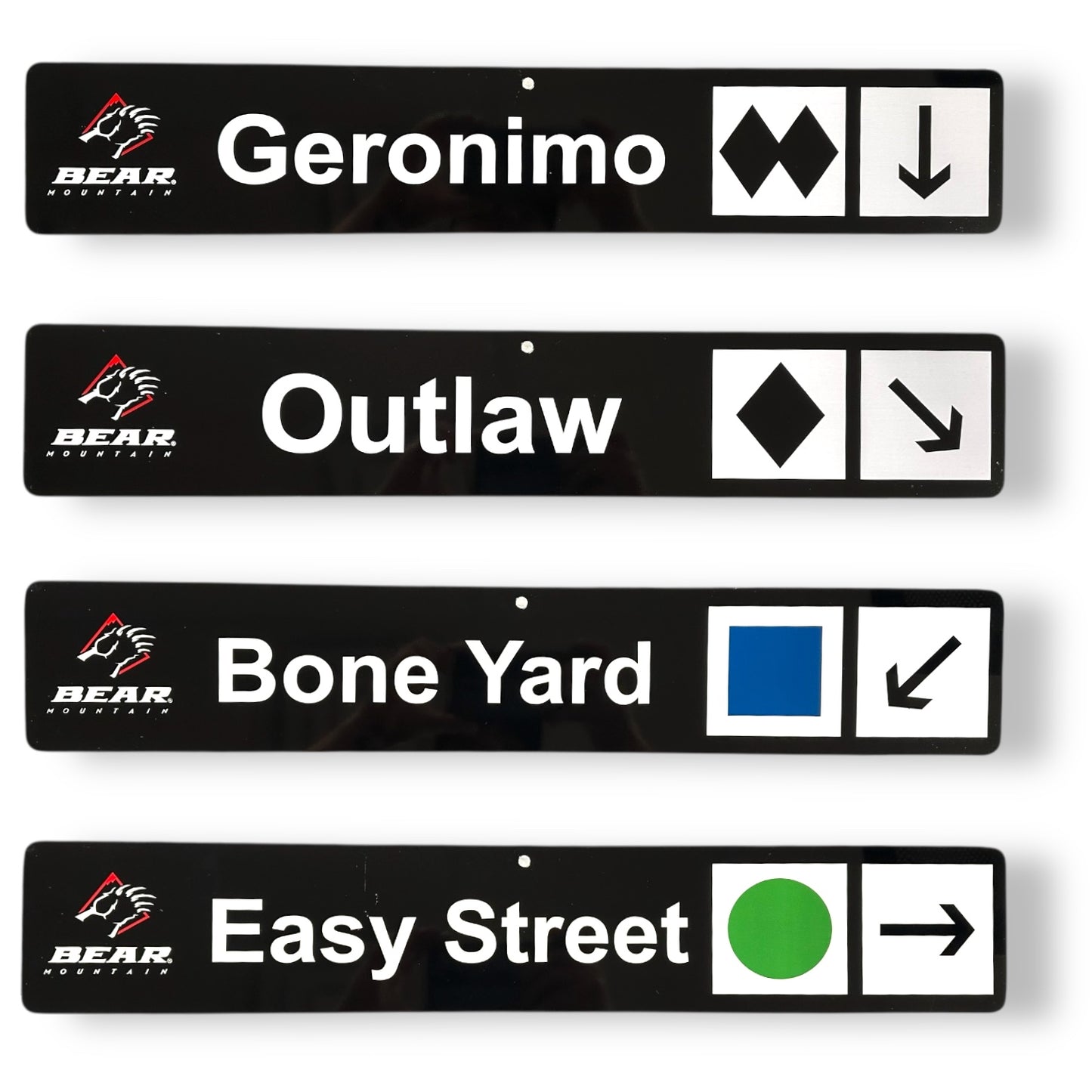 Black trail signs with Bear Mountain runs: Geronimo, Outlaw, Bone Yard, and Easy Street.