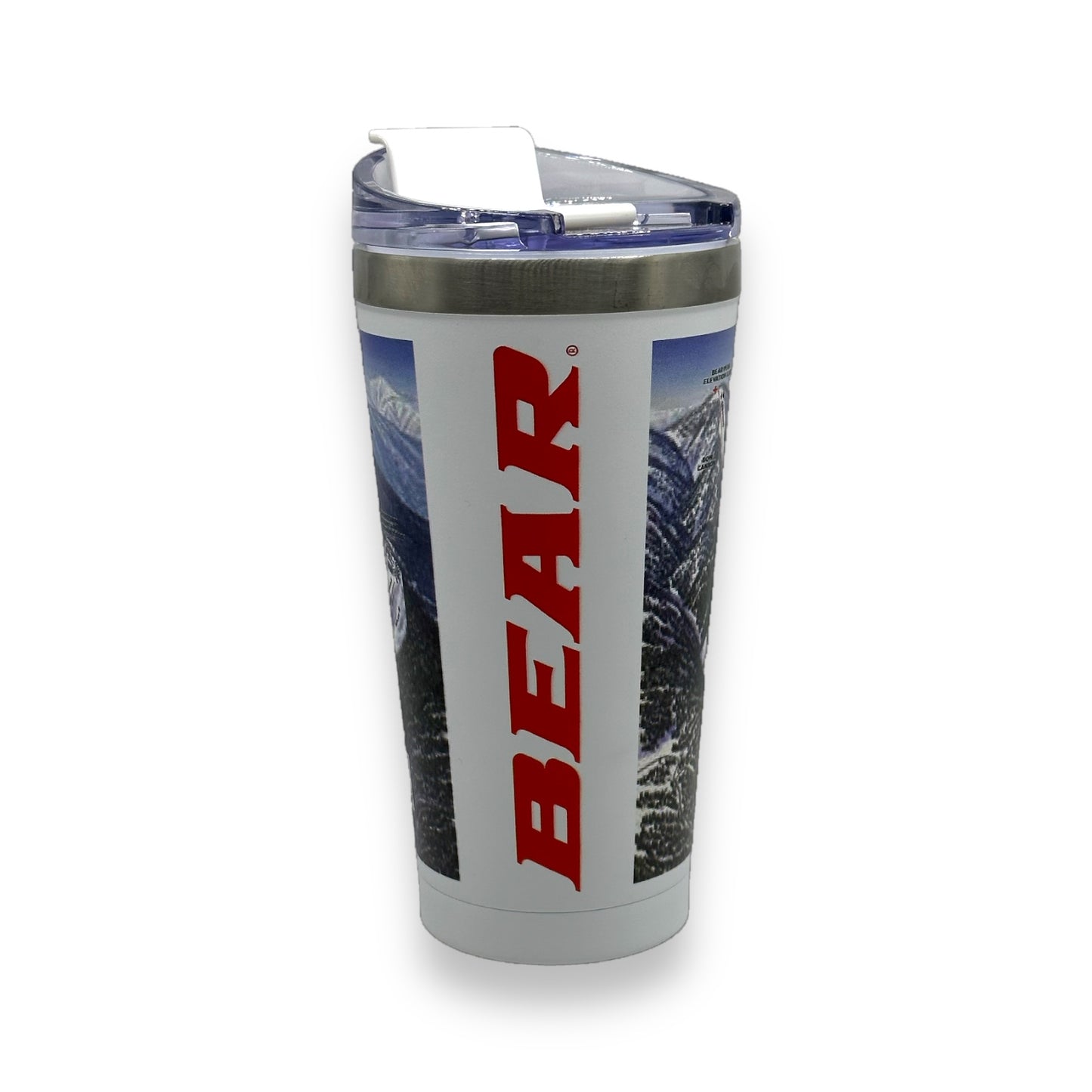 Bear Mountain trails map tumbler with white base and Bear writing on side