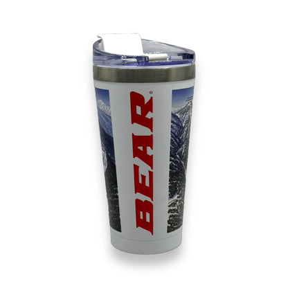 Bear Mountain trails map tumbler with white base and Bear writing on side