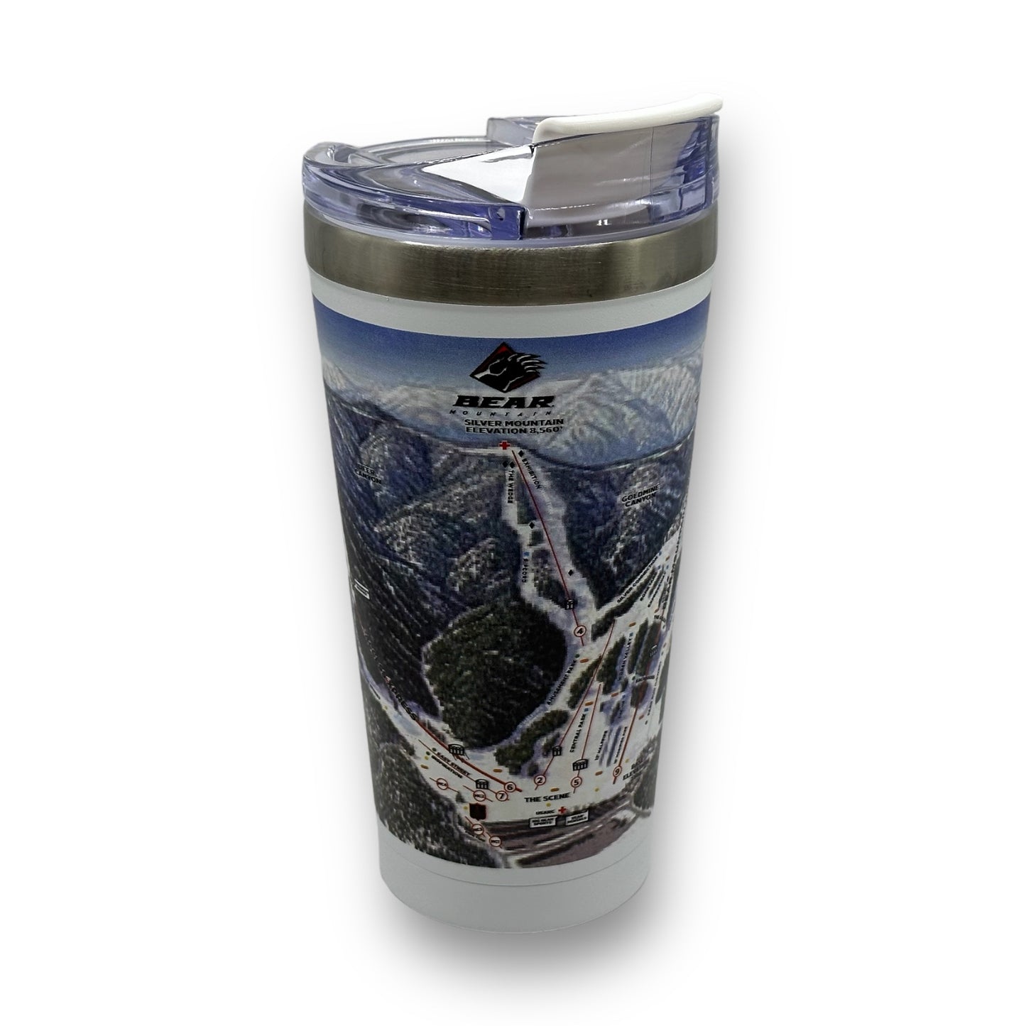 Bear Mountain winter trail map tumbler with white base and clear plastic with white flip top mouth piece for sipping.