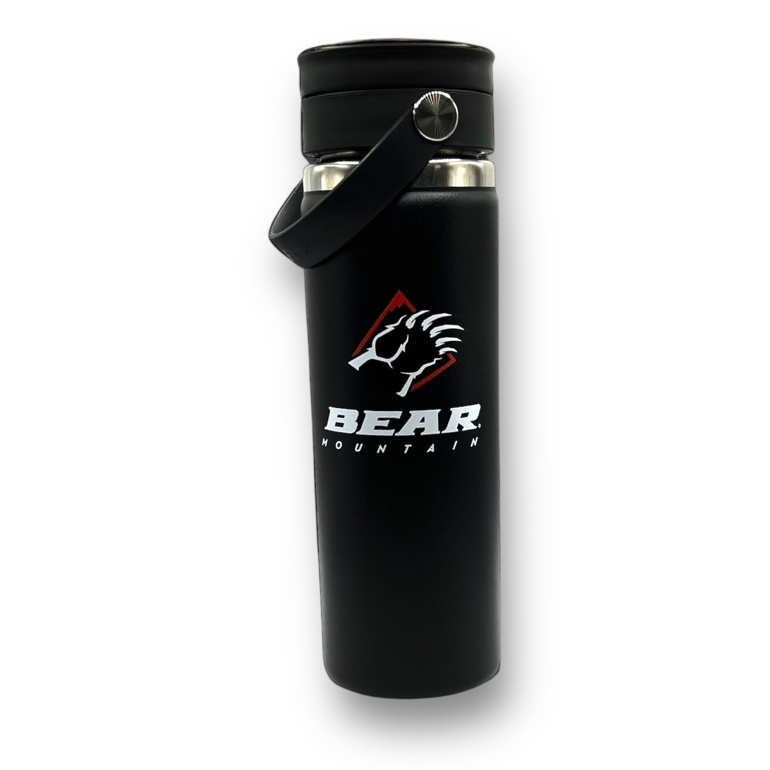 Bear Mountain branded hydro flask in black with bear claw logo