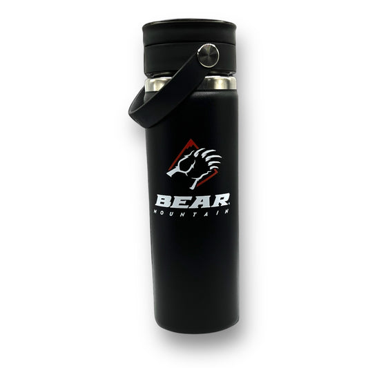 Bear Mountain branded hydro flask in black with bear claw logo