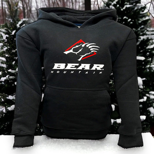 Black hoodie with iconic bear claw logo on front along with Bear Mountain print below logo