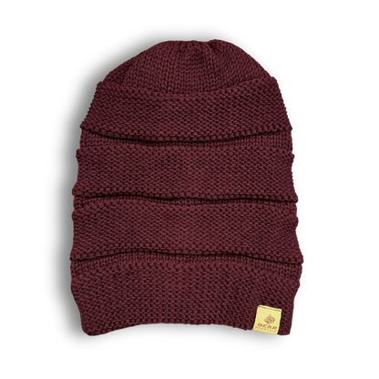 Bear mountain slouch beanie in burgandy color with logo on bottom left corner