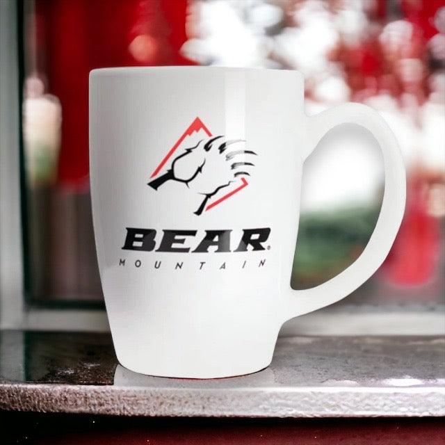 White mug with Bear Mountain claw logo in black/red.