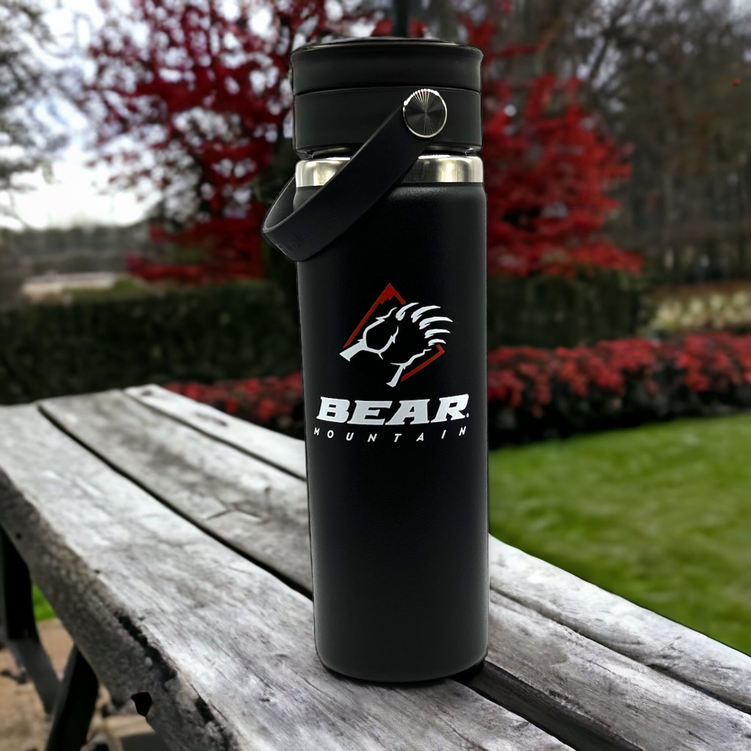 Bear Mountain branded hydro flask in black with bear claw logo