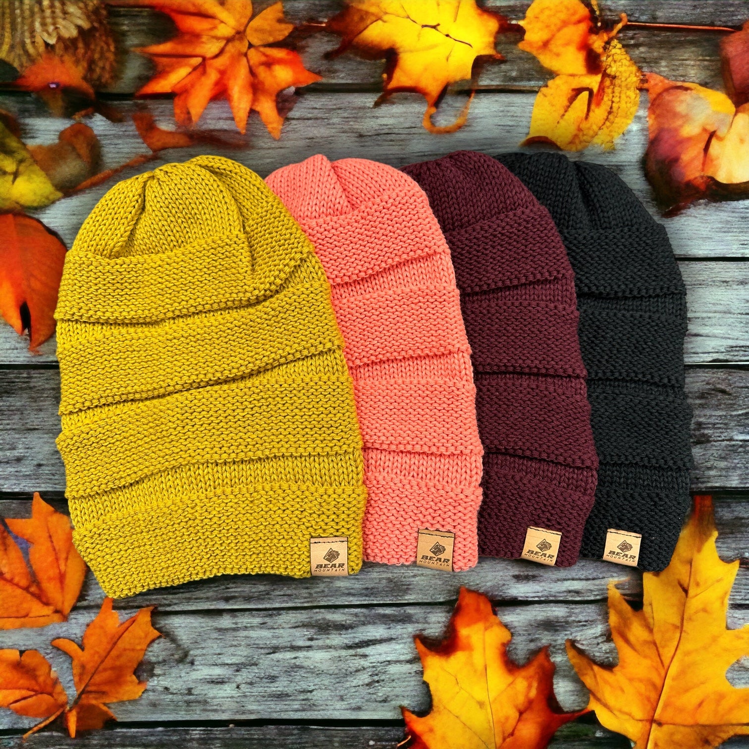 Bear Mountain slouch beanies in colors: rust, coral, burgandy, and black