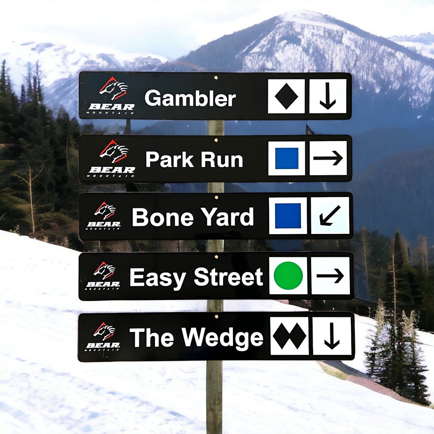 Black trail signs with Bear Mountain runs: Gambler, Park Run, Bone Yard, Easy Street, and The Wedge 