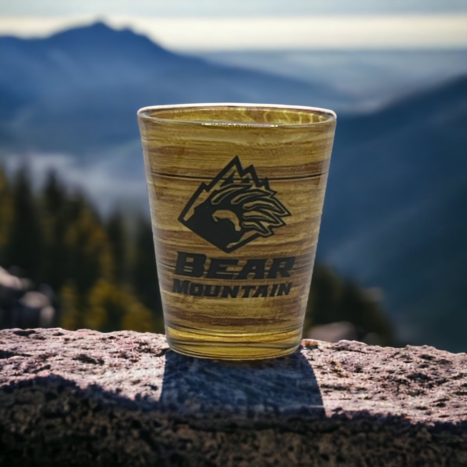 Glass Shot Glass w/ Faux Wood Embossed printed Bear Mountain decal logo
