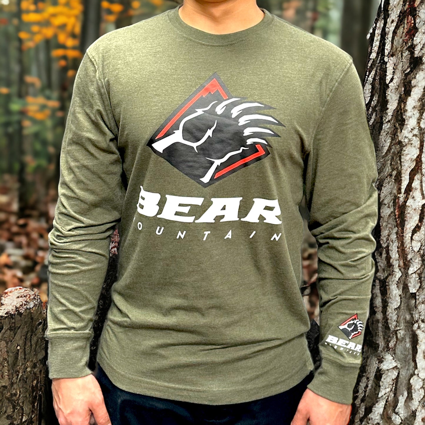 Bear Mountain Heather Green Long Sleeve-T with Bear Mountain Logo on Front