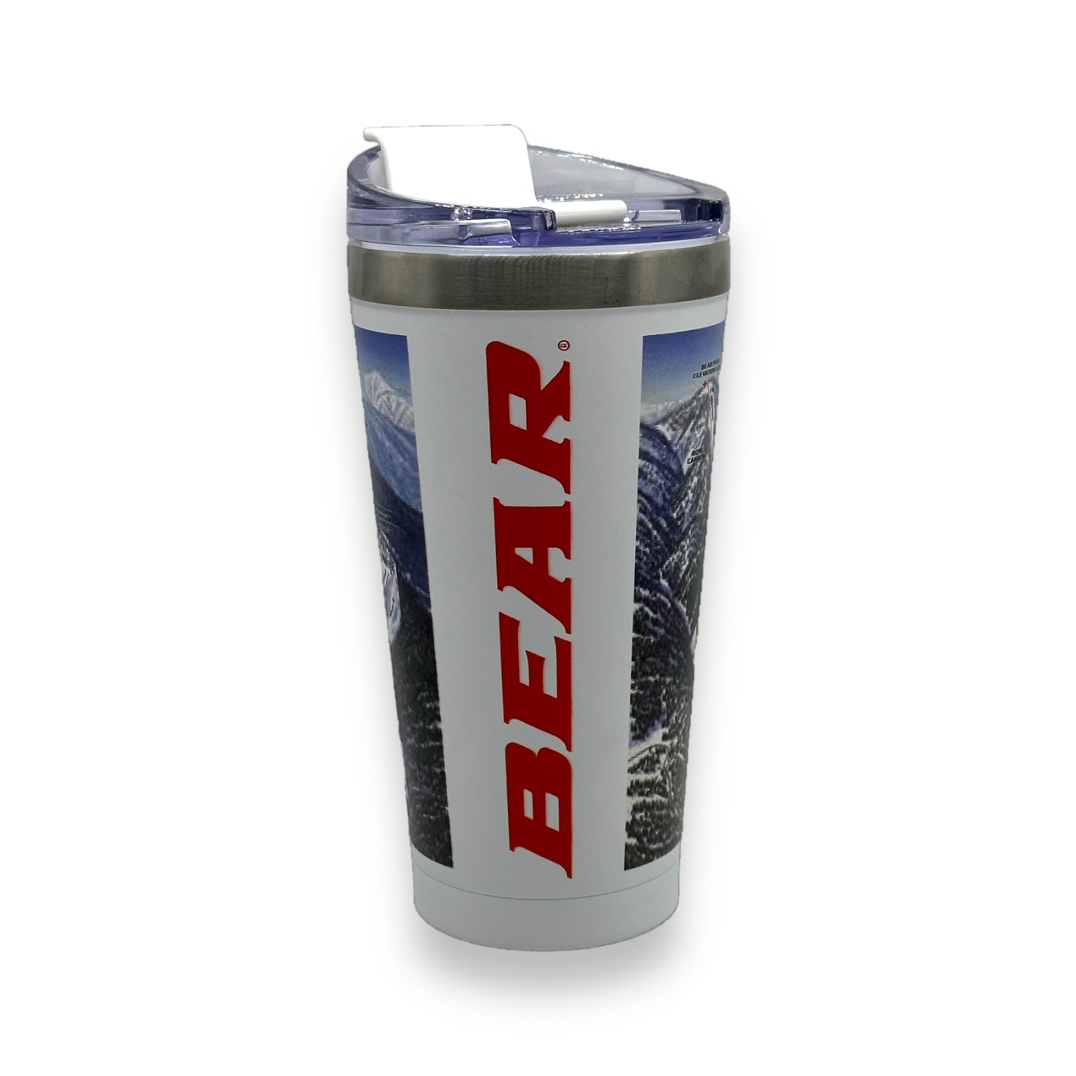 Bear Mountain trails map tumbler with white base and Bear writing on side