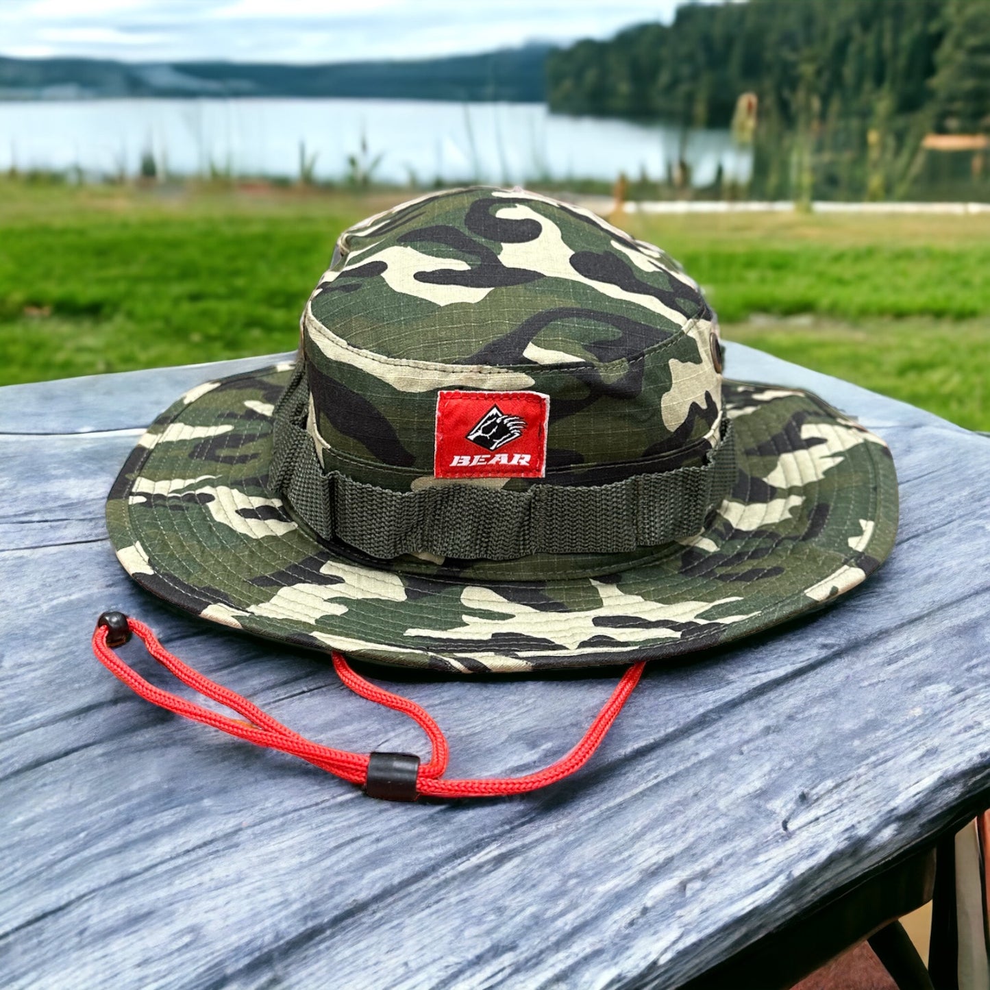 Bear Mountain Boonie Hat in camo with red drawstring