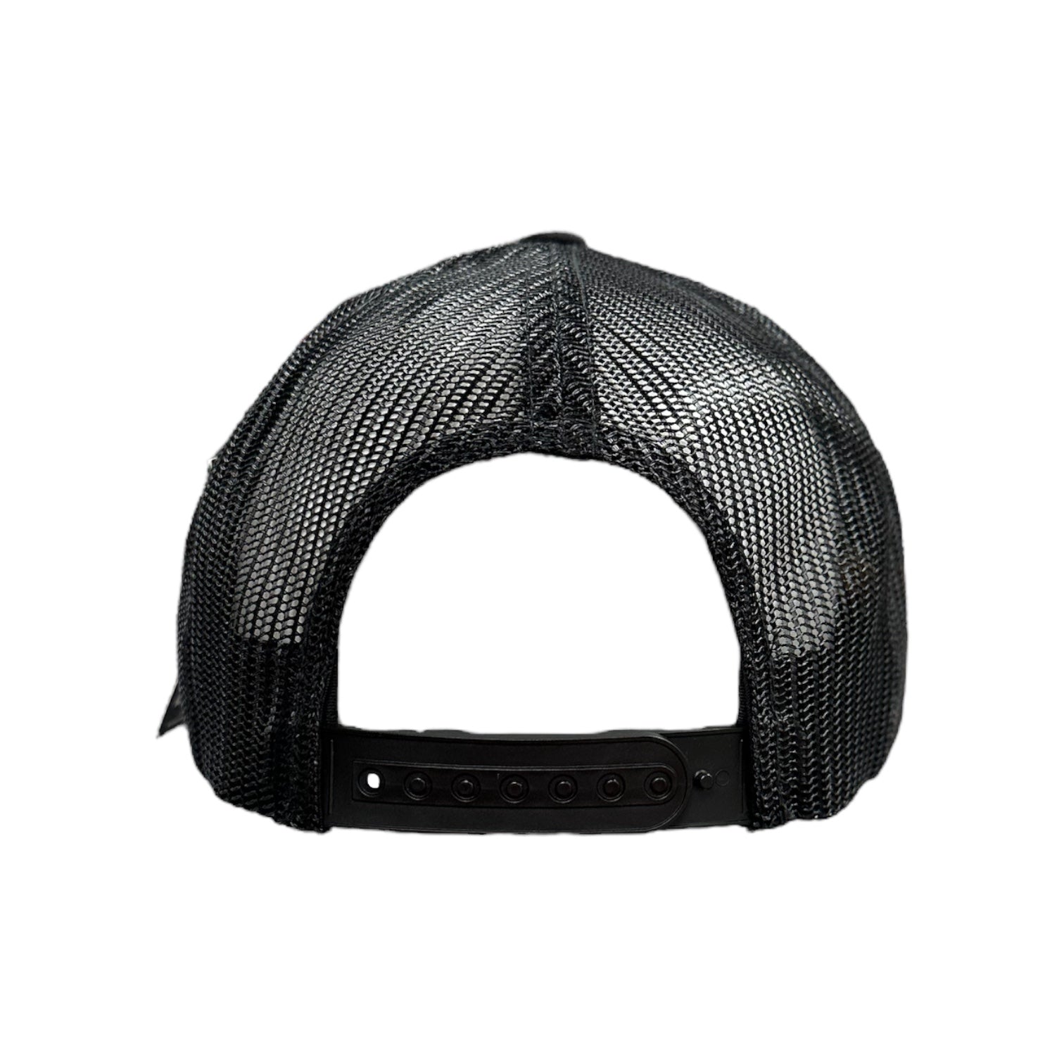 Back of black mesh trucker hat with snapback