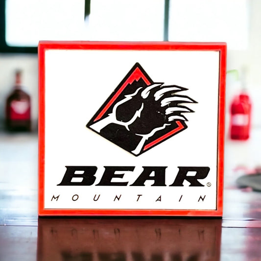 Bear Mountain logo on a white magnet with a red outline