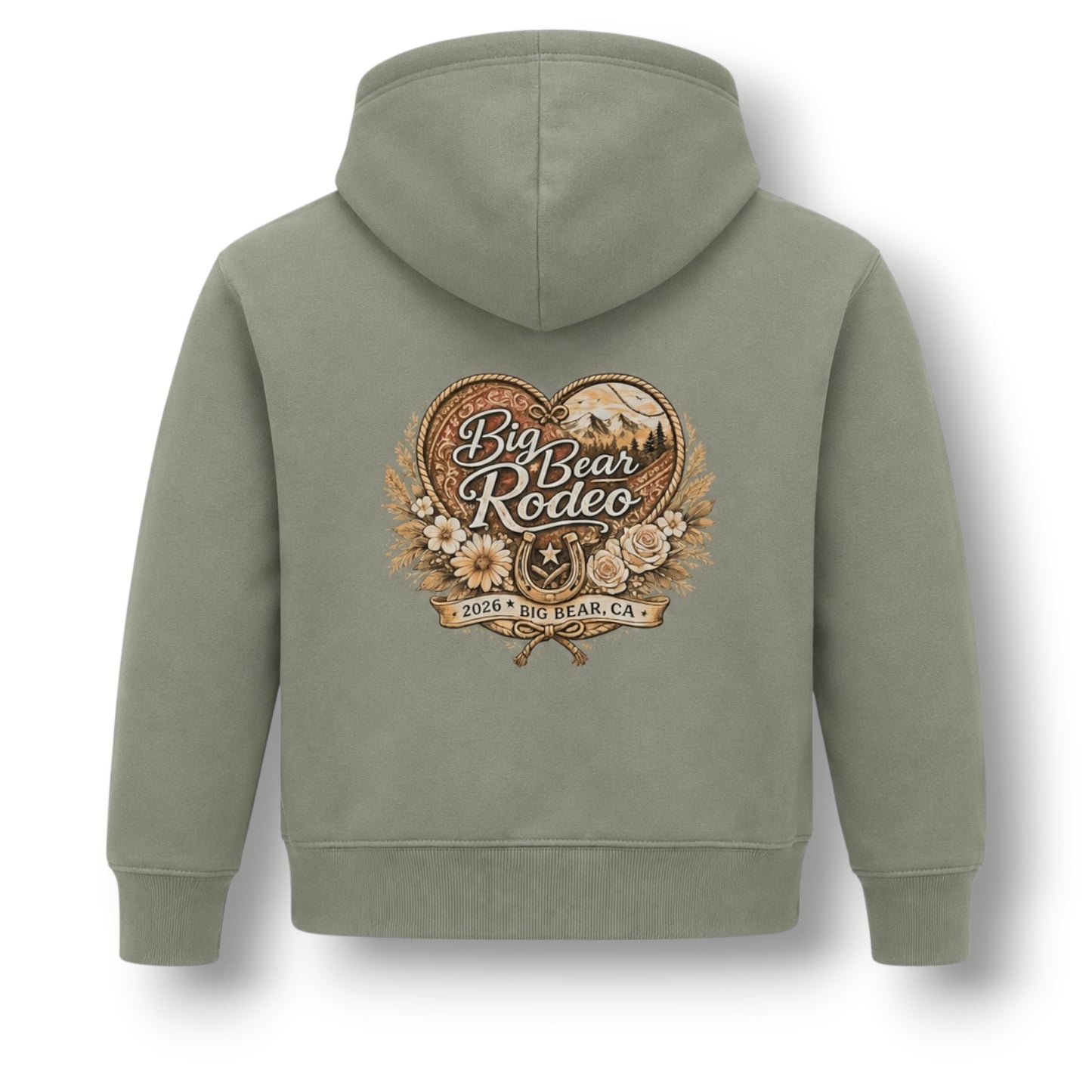 An olive green hooded sweatshirt shown from the back, featuring a large vintage-style 'Big Bear Rodeo 2026 at Bear, CA' graphic printed in the center.
