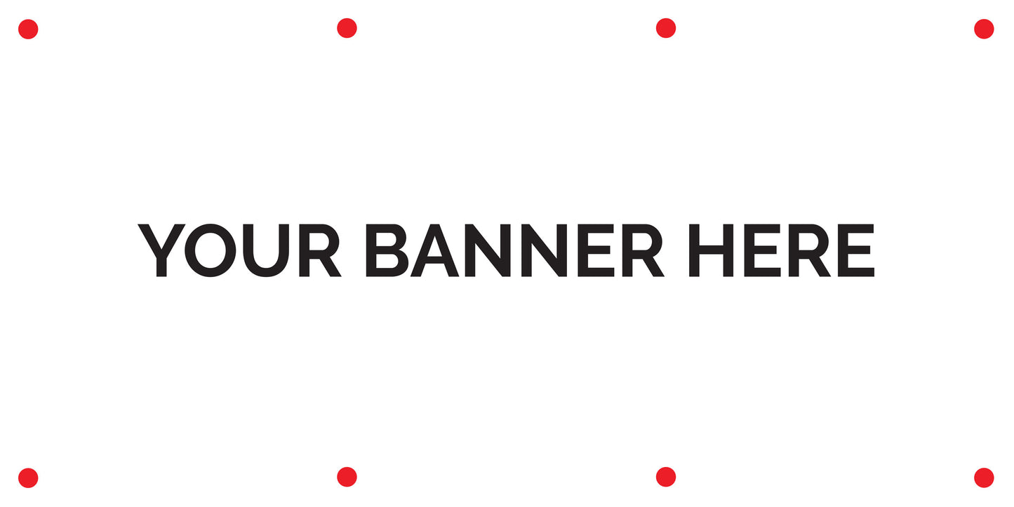 A white background with four red dots spaced out on the top and bottom, plus the words "Your Banner Here" in black font in the middle.