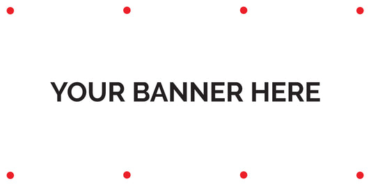A white background with four red dots spaced out on the top and bottom, plus the words "Your Banner Here" in black font in the middle.