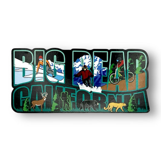 Big Bear California written on a magnet with snowboard and mountain biking activities in the letters