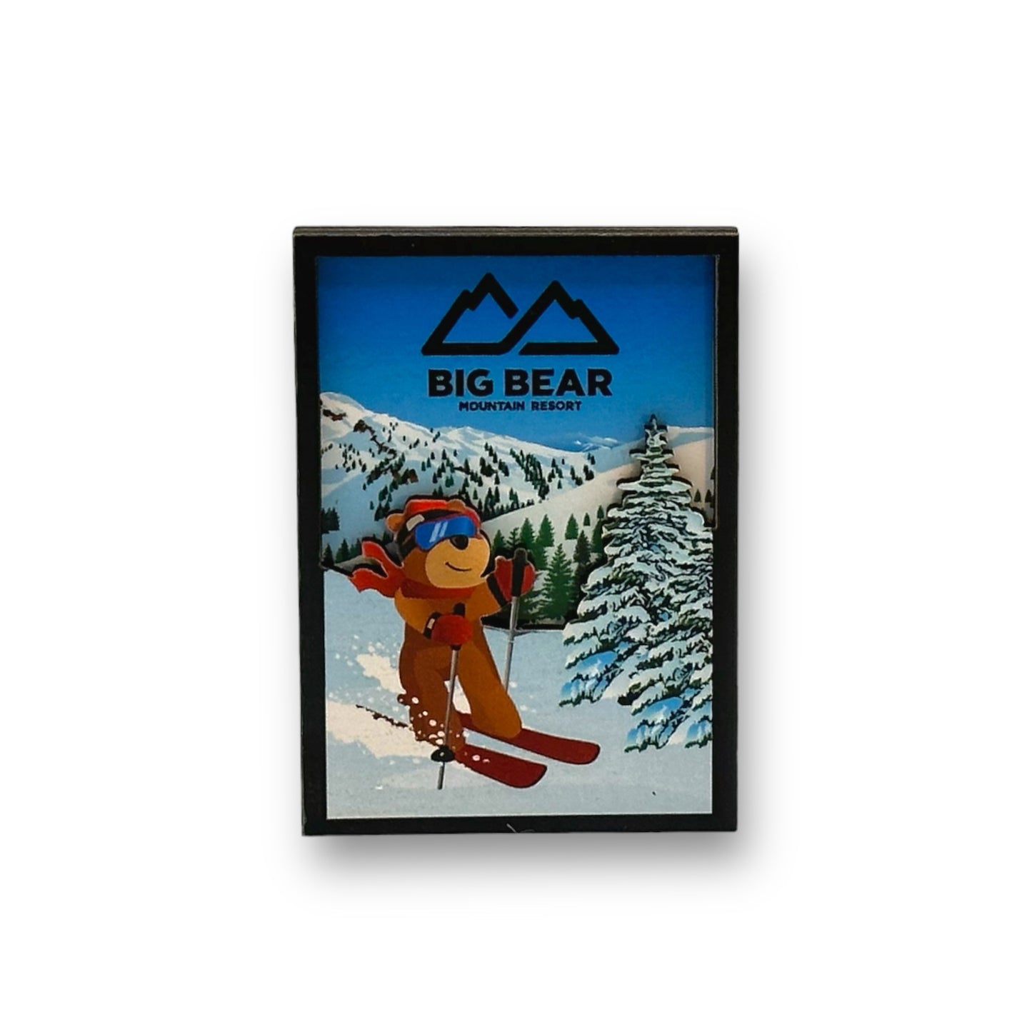 Big bear mountain resort wooden magnet with biggie the bear skiing with mountains snow and trees in background