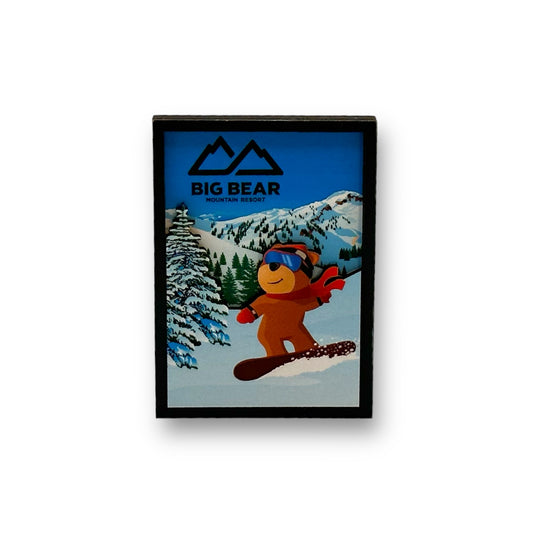 Big bear mountain resort wooden magnet with biggie the bear snowboarding with mountains snow and trees in background