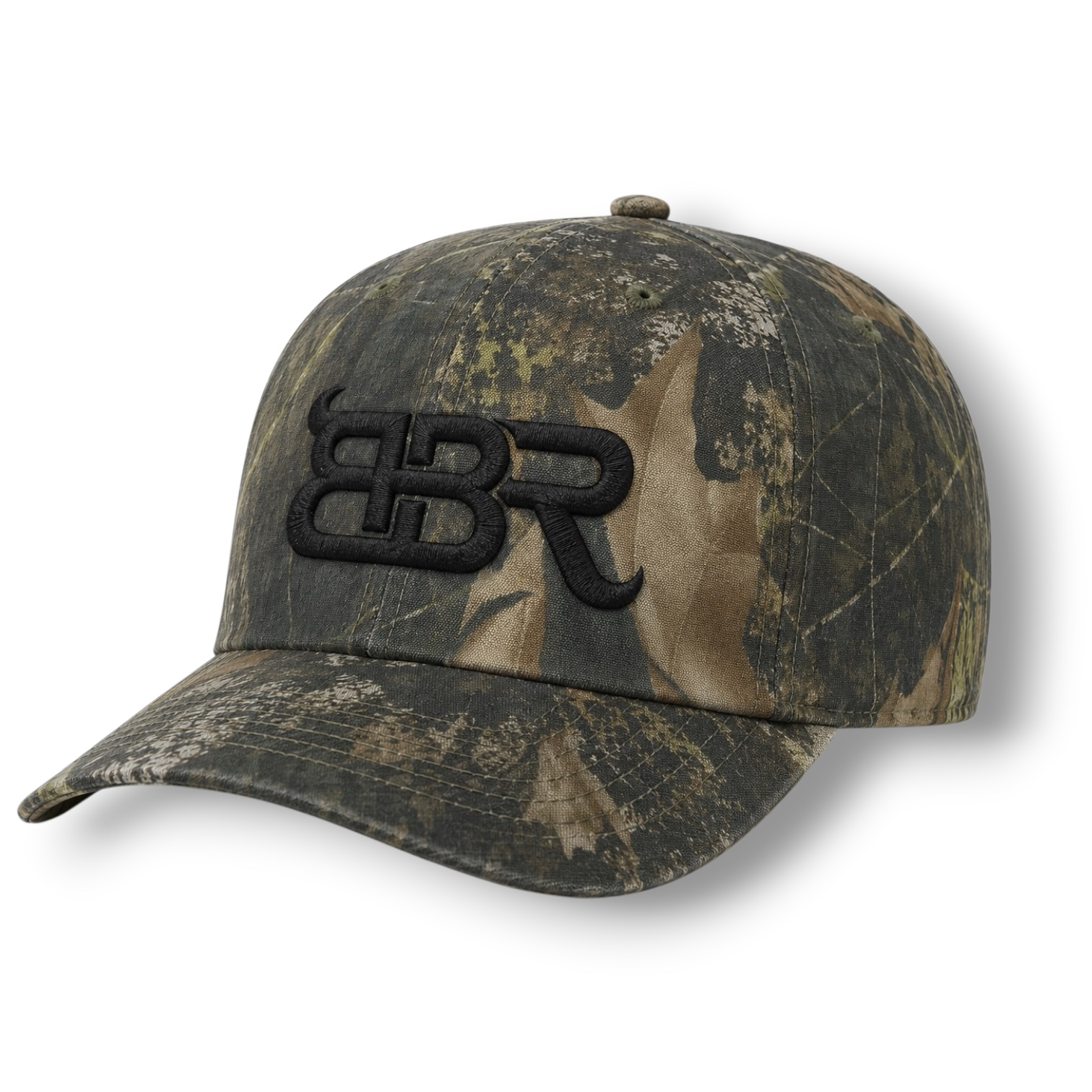 A hat with a green and brown woodland camouflage pattern, featuring a black embroidered 'BBR' logo on the front, set against a plain white background.