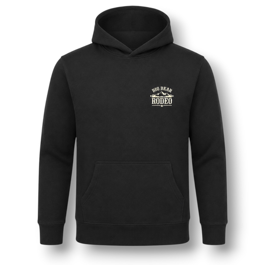 Black hoodie with a white logo on the chest with the words 'BIG BEAR RODEO' against a white background.