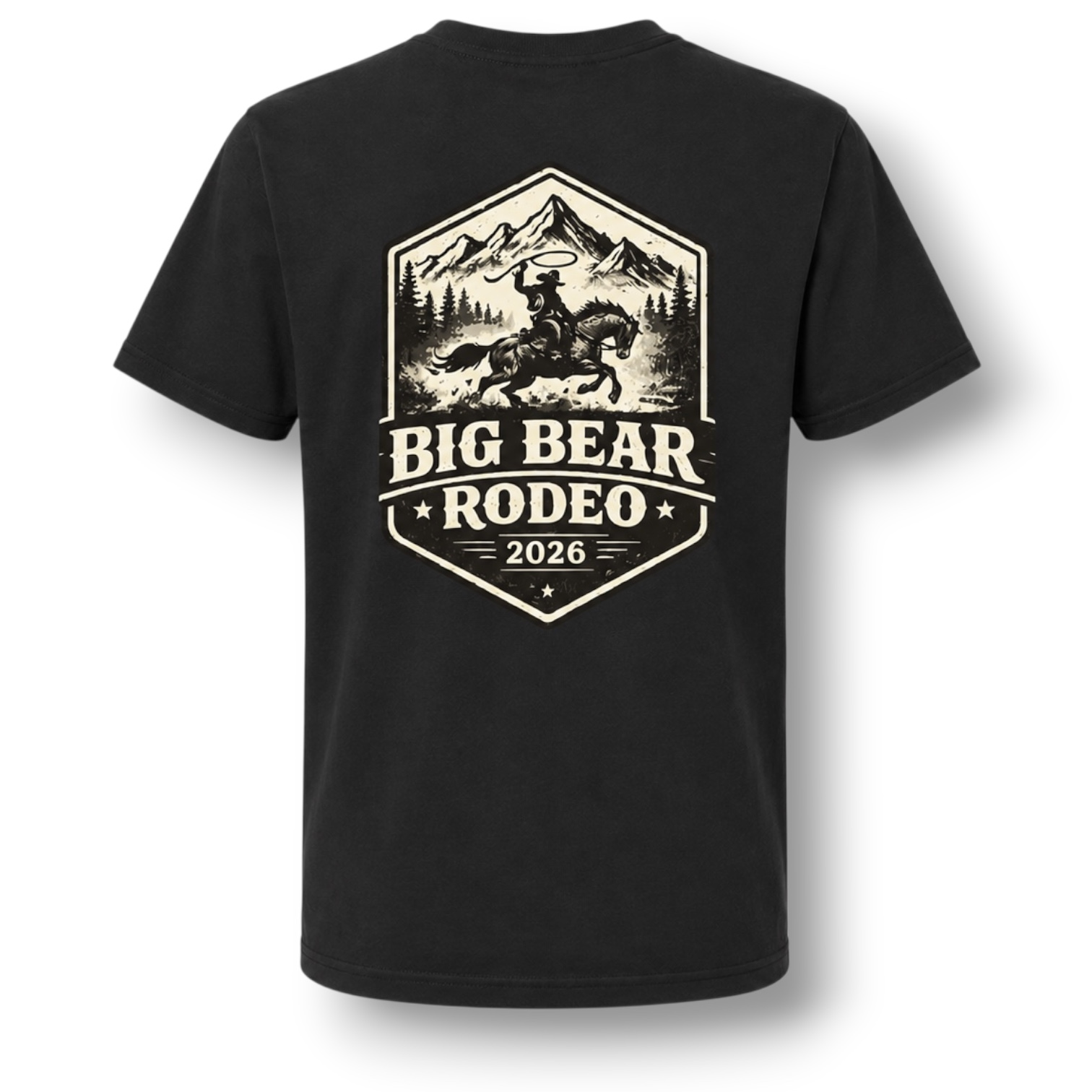 A black short-sleeve t-shirt with a large white colored graphic on the front. The graphic features a design with a cowboy riding a bucking horse in front of mountains, with the text 'BIG BEAR RODEO' and '2026' below.