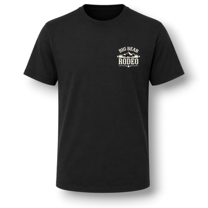A black short-sleeve crewneck t-shirt with a small white graphic on the left chest reading 'BIG BEAR RODEO', displayed flat against a solid white background.