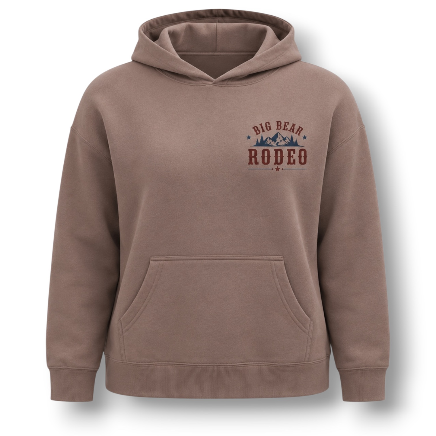 A hazy pink dusty brown pullover hoodie with a front pocket and a 'Big Bear Rodeo' graphic printed on the left chest, shown on a plain white background.