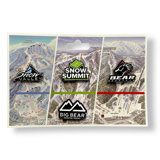 Four piece pin set of Big Bear Mountain resort, along with Snow Valley, Snow Summit, and Bear Mountain logo pins.